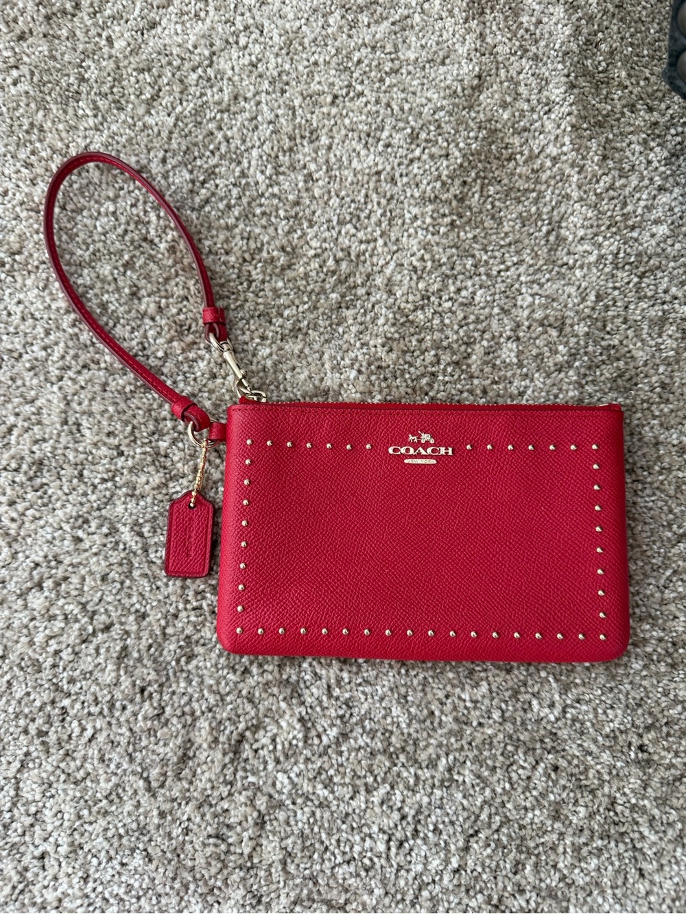 Coach Red Crossgrain Leather Studded Wristlet Gold Hardware + Hangtag